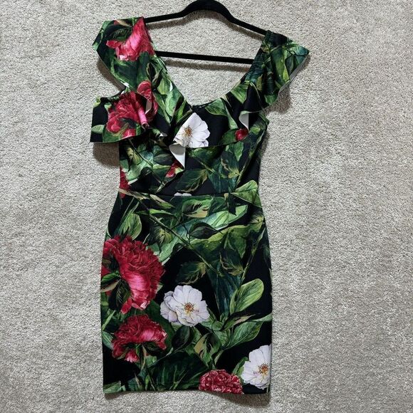 Alexia Admor Scuba Sheath Dress Women's 8 Off Shoulder Tropical Floral Ruffle - Picture 8 of 10